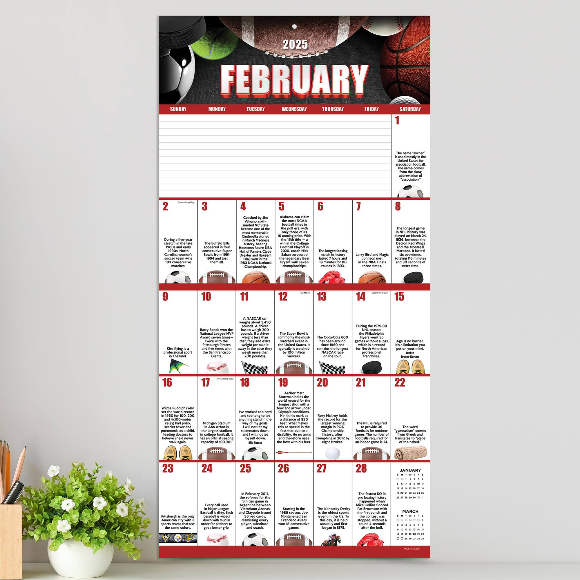 TF Publishing 2025 Sports Facts & Trivia Wall Calendar